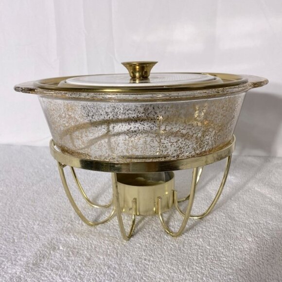 Vintage Anchor Hocking Fire King Gold Fleck Casserole & Stand Georges Briard Lid - Picture 3 of 15